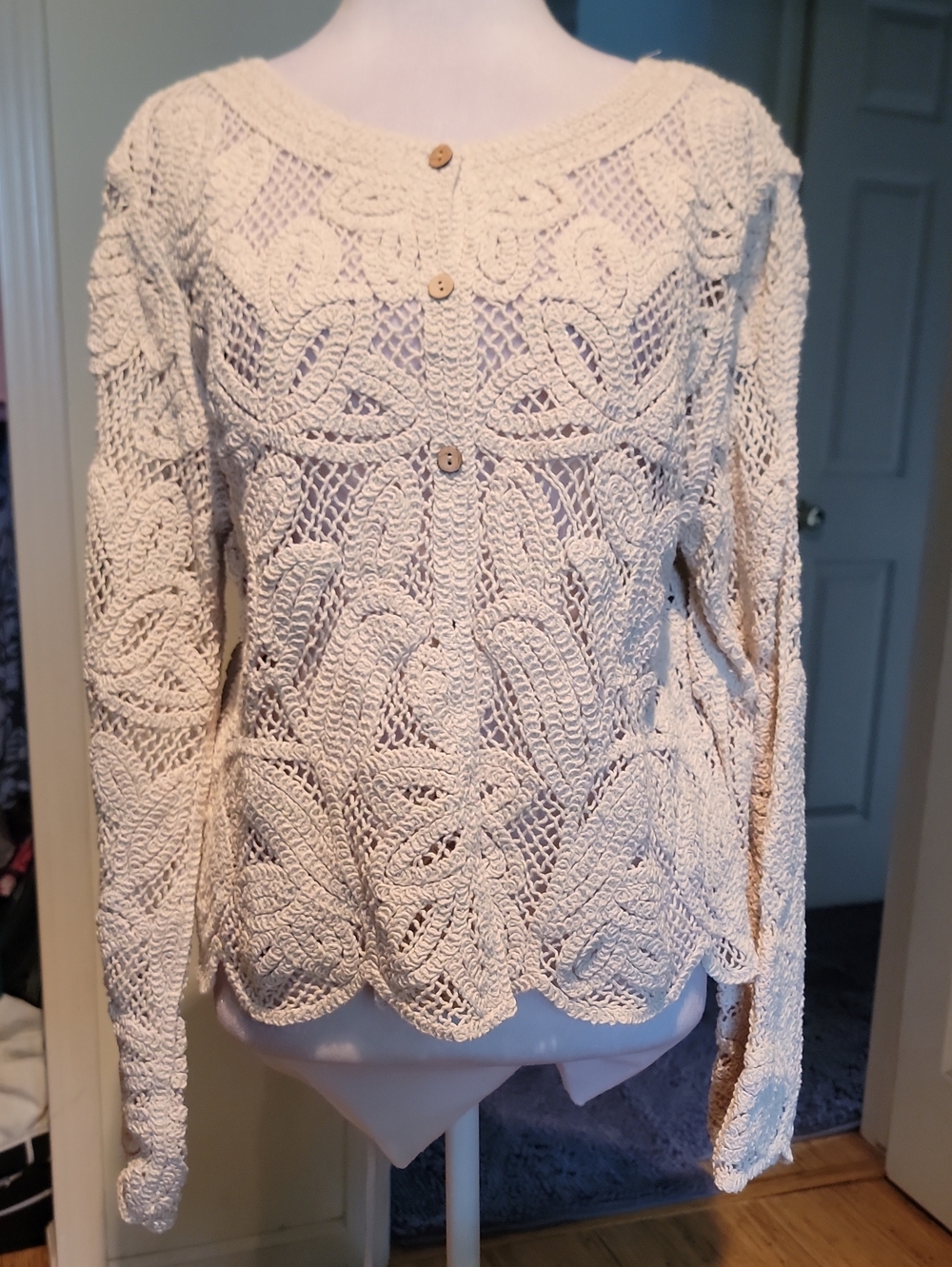 Open-Knit Cream Button-Front Women's Sweater